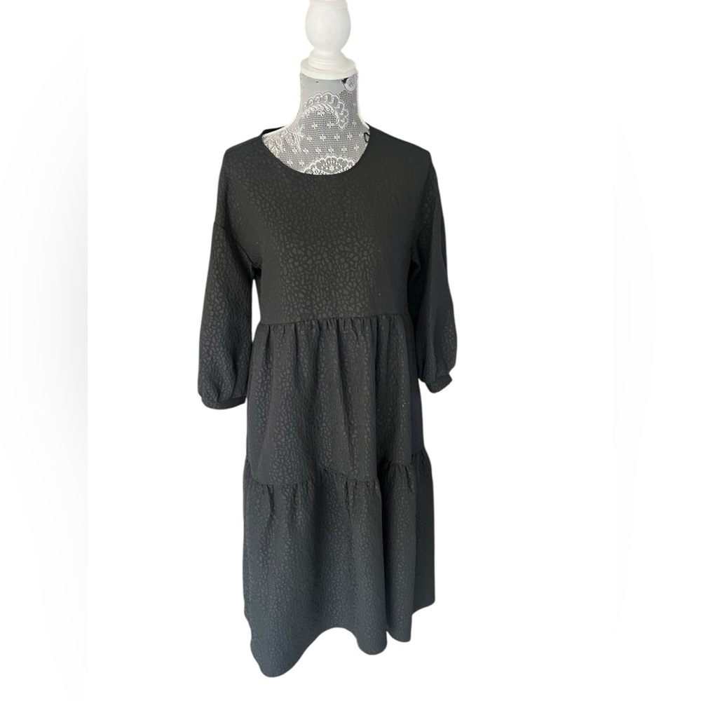 Zara Black Textured Tiered Midi Dress, XS